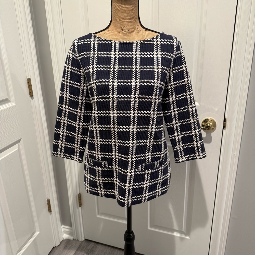 Ann Taylor Women's Navy Blue and White Windowpane Tunic